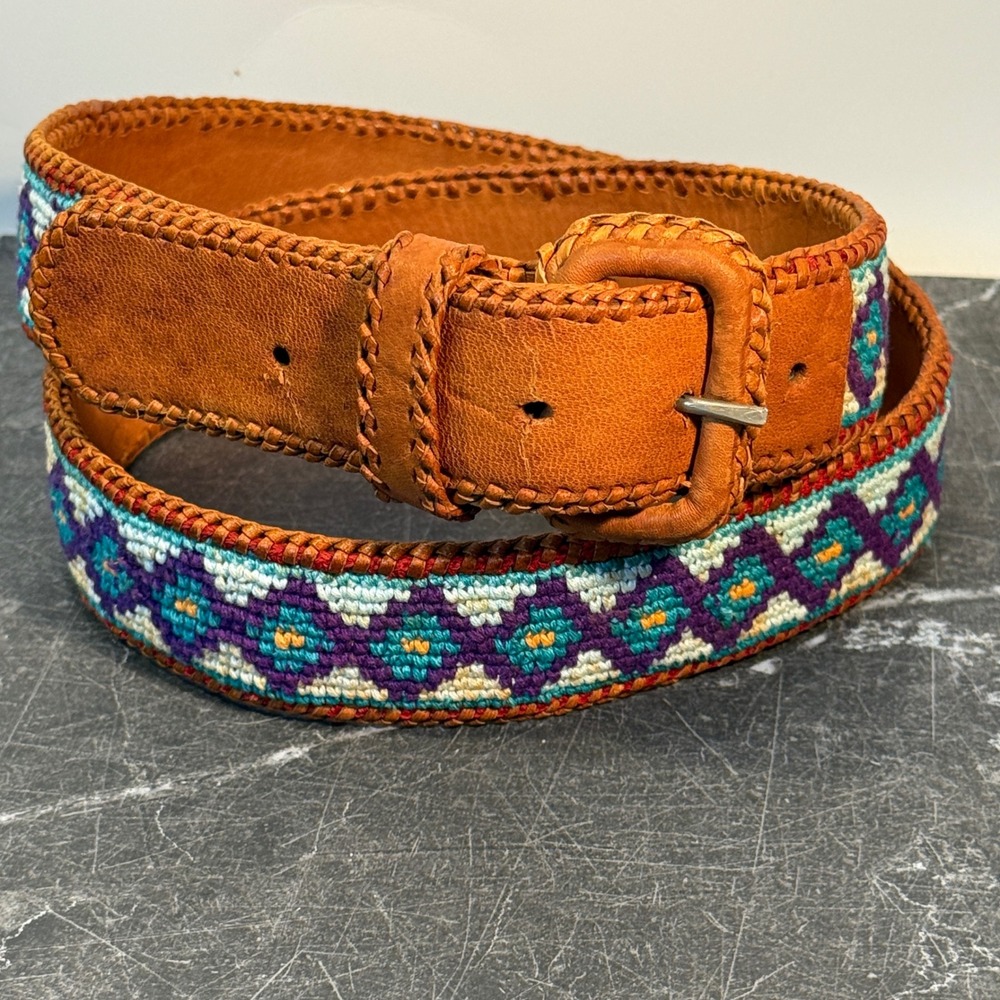 Vintage Southwestern Woven Leather Belt | Size 36 | Brown Southwestern Boho